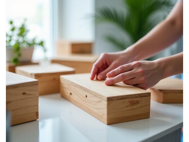 Hands arranging modular components made from sustainable, light-colored wood in a bright, modern setting