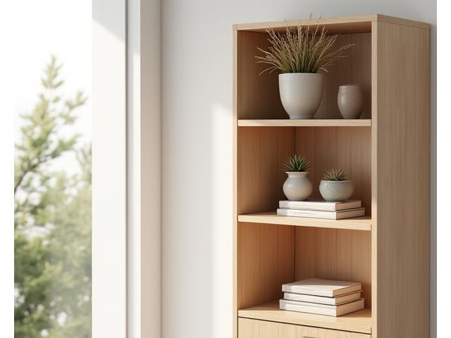Elegant modular shelving system made from light-colored bamboo, styled in a minimalist living space.