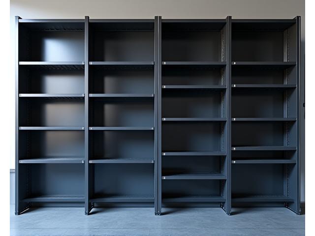 Clean, industrial-style metal shelving system with various compartments, hinting at high recycled content.