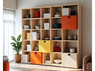 A colorful arrangement of interlocking, stackable storage cubes creating a custom shelving unit in a modern living room.