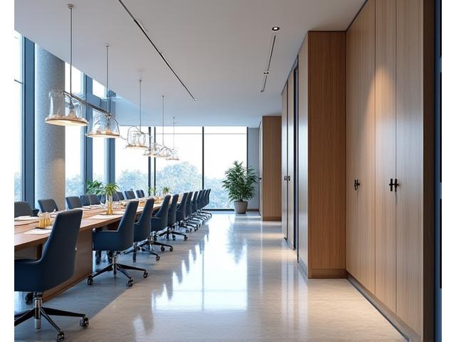 Architectural rendering of a modern office interior showcasing integrated modular storage units that blend with the overall design.