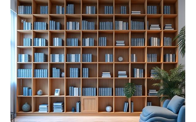 Tall, light wood modular shelving unit filled with books and binders, suitable for a professional library.