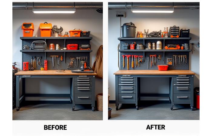 Before and after image slider of a messy garage workbench transformed with heavy-duty steel shelving and organized tools
